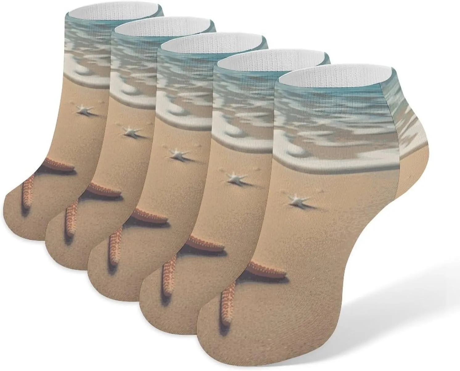 5 Pairs Ankle Socks Soft Breathable No Show Socks Comfortable Cotton Low Cut Casual Socks for Women Men 3D Beautiful Starfish on Beach Sand