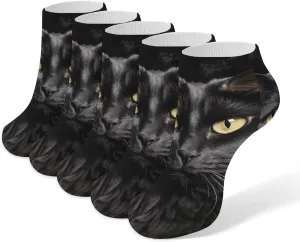 5 Pairs Ankle Socks Soft Breathable No Show Socks Comfortable Cotton Low Cut Casual Socks for Women Men A Black Cat on A Black Background