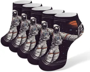 5 Pairs Ankle Socks Soft Breathable No Show Socks Comfortable Cotton Low Cut Casual Socks for Women Men Astronaut Space Basketball