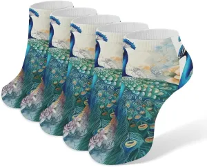 5 Pairs Ankle Socks Soft Breathable No Show Socks Comfortable Cotton Low Cut Casual Socks for Women Men Beautiful Peacock And Floral