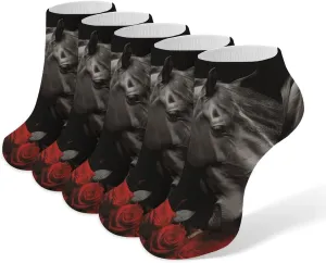 5 Pairs Ankle Socks Soft Breathable No Show Socks Comfortable Cotton Low Cut Casual Socks for Women Men Black Horse on A Background of Red Roses