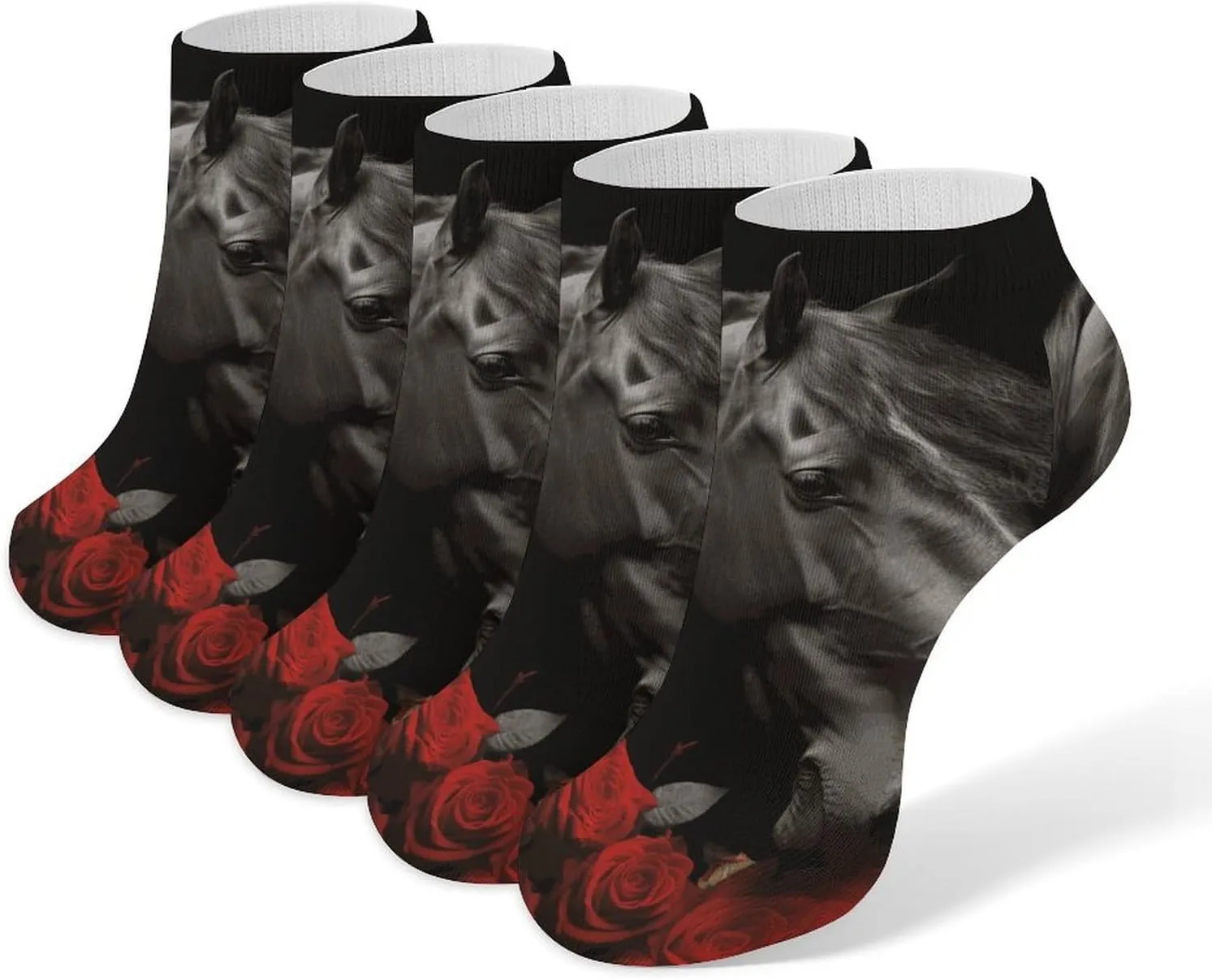5 Pairs Ankle Socks Soft Breathable No Show Socks Comfortable Cotton Low Cut Casual Socks for Women Men Black Horse on A Background of Red Roses