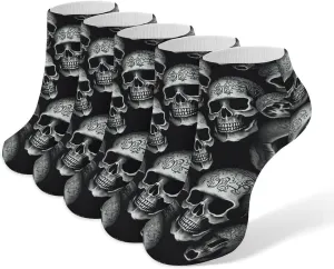 5 Pairs Ankle Socks Soft Breathable No Show Socks Comfortable Cotton Low Cut Casual Socks for Women Men Black Skull
