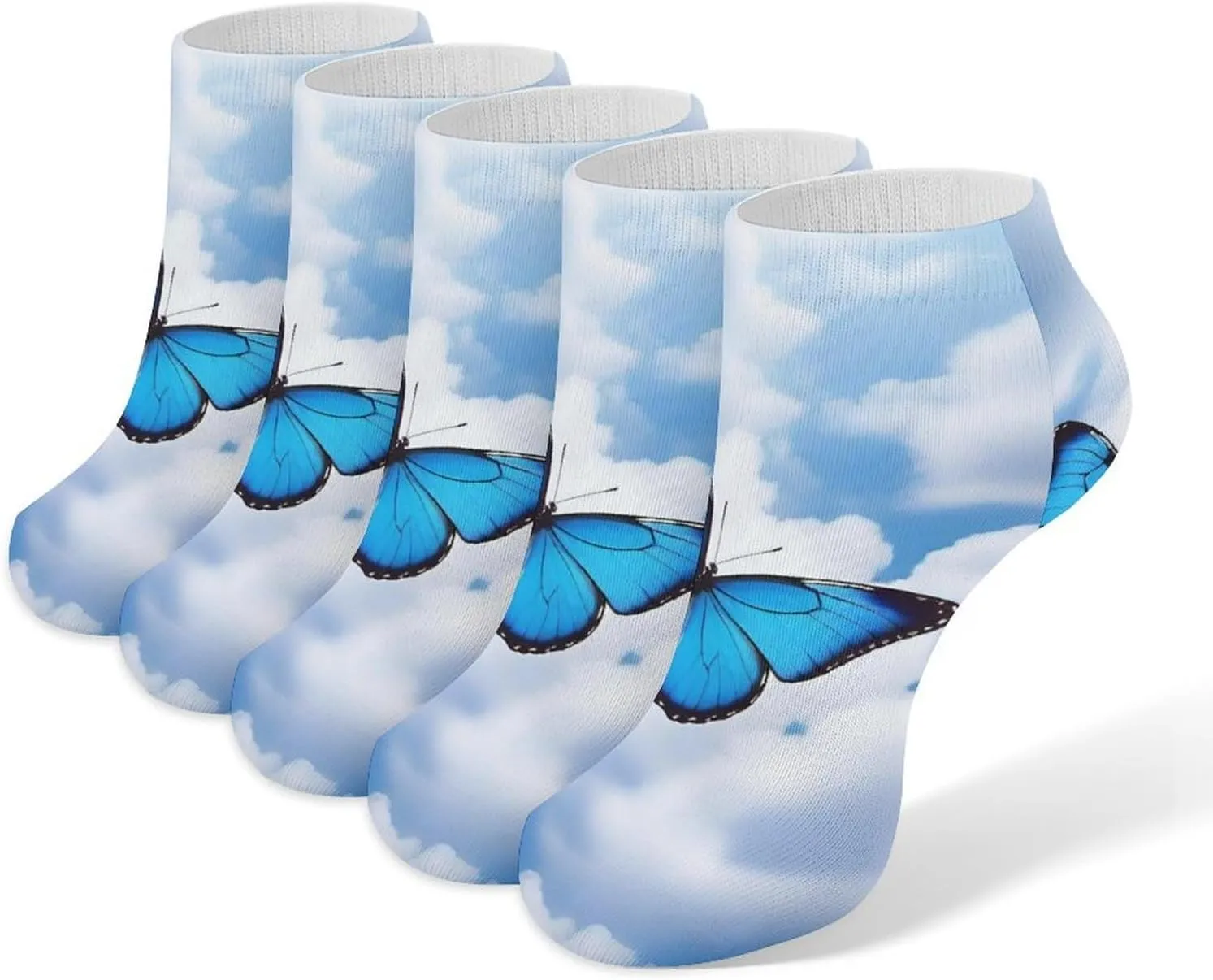 5 Pairs Ankle Socks Soft Breathable No Show Socks Comfortable Cotton Low Cut Casual Socks for Women Men Blue Butterfly And Clouds
