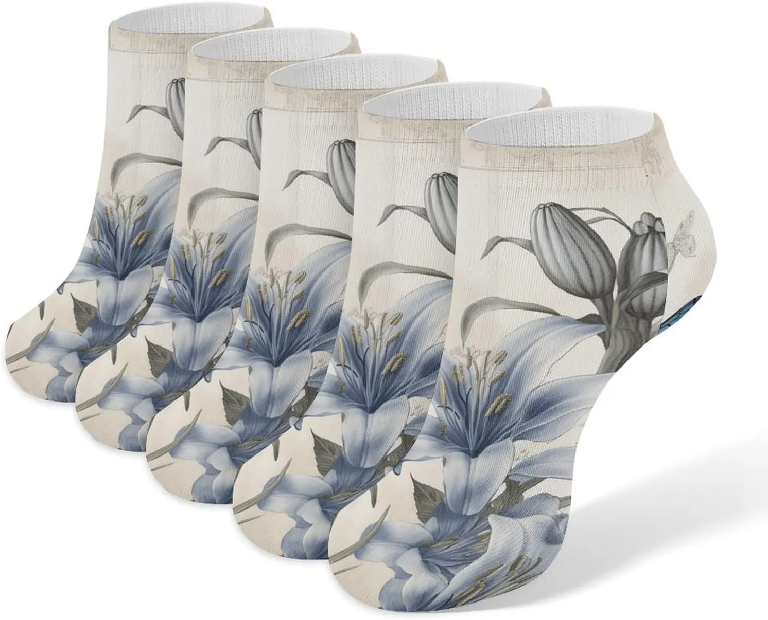 5 Pairs Ankle Socks Soft Breathable No Show Socks Comfortable Cotton Low Cut Casual Socks for Women Men Blue Flower