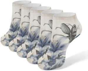 5 Pairs Ankle Socks Soft Breathable No Show Socks Comfortable Cotton Low Cut Casual Socks for Women Men Blue Flower