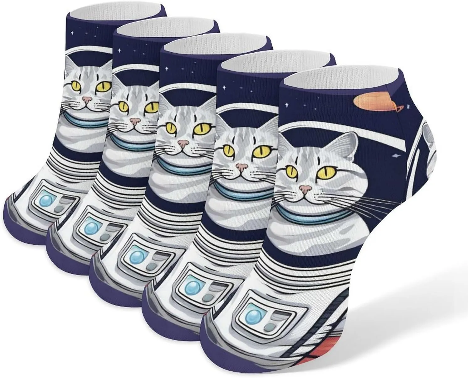 5 Pairs Ankle Socks Soft Breathable No Show Socks Comfortable Cotton Low Cut Casual Socks for Women Men Cat in Spacess