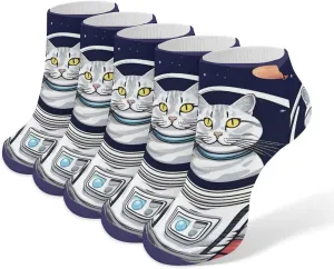 5 Pairs Ankle Socks Soft Breathable No Show Socks Comfortable Cotton Low Cut Casual Socks for Women Men Cat in Spacess