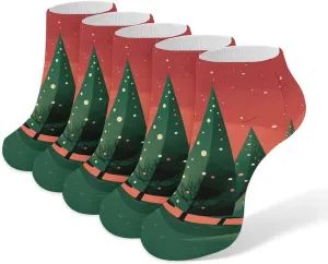 5 Pairs Ankle Socks Soft Breathable No Show Socks Comfortable Cotton Low Cut Casual Socks for Women Men Christmas Tree Illustration