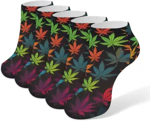5 Pairs Ankle Socks Soft Breathable No Show Socks Comfortable Cotton Low Cut Casual Socks for Women Men Colorful Cannabis Leaves