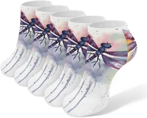 5 Pairs Ankle Socks Soft Breathable No Show Socks Comfortable Cotton Low Cut Casual Socks for Women Men Colorful Dragonfly