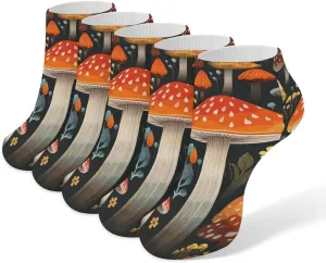 5 Pairs Ankle Socks Soft Breathable No Show Socks Comfortable Cotton Low Cut Casual Socks for Women Men Colorful Mushroom