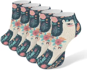 5 Pairs Ankle Socks Soft Breathable No Show Socks Comfortable Cotton Low Cut Casual Socks for Women Men Cute Llama Floral