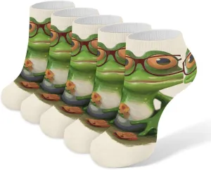 5 Pairs Ankle Socks Soft Breathable No Show Socks Comfortable Cotton Low Cut Casual Socks for Women Men Frog Wearing Glasses