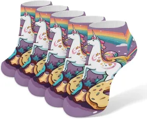 5 Pairs Ankle Socks Soft Breathable No Show Socks Comfortable Cotton Low Cut Casual Socks for Women Men Horses Doughnut Rainbow