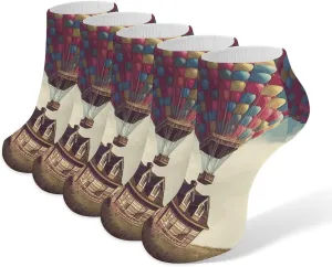 5 Pairs Ankle Socks Soft Breathable No Show Socks Comfortable Cotton Low Cut Casual Socks for Women Men Hot Air Balloon Take Wooden House Fly The