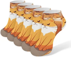 5 Pairs Ankle Socks Soft Breathable No Show Socks Comfortable Cotton Low Cut Casual Socks for Women Men Orange Cats