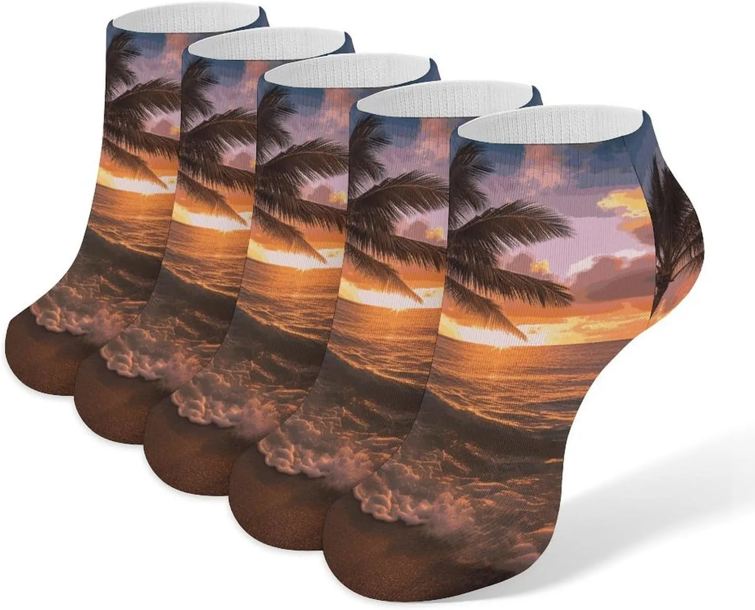 5 Pairs Ankle Socks Soft Breathable No Show Socks Comfortable Cotton Low Cut Casual Socks for Women Men Palm Tree Sunset Beach