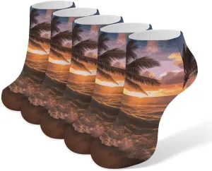 5 Pairs Ankle Socks Soft Breathable No Show Socks Comfortable Cotton Low Cut Casual Socks for Women Men Palm Tree Sunset Beach