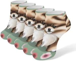 5 Pairs Ankle Socks Soft Breathable No Show Socks Comfortable Cotton Low Cut Casual Socks for Women Men Pomeranians Puppies