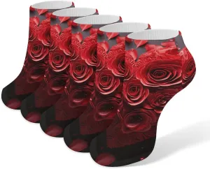 5 Pairs Ankle Socks Soft Breathable No Show Socks Comfortable Cotton Low Cut Casual Socks for Women Men Red Rose Love Heart