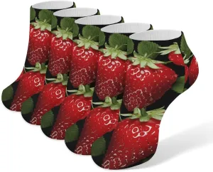 5 Pairs Ankle Socks Soft Breathable No Show Socks Comfortable Cotton Low Cut Casual Socks for Women Men Red Strawberry