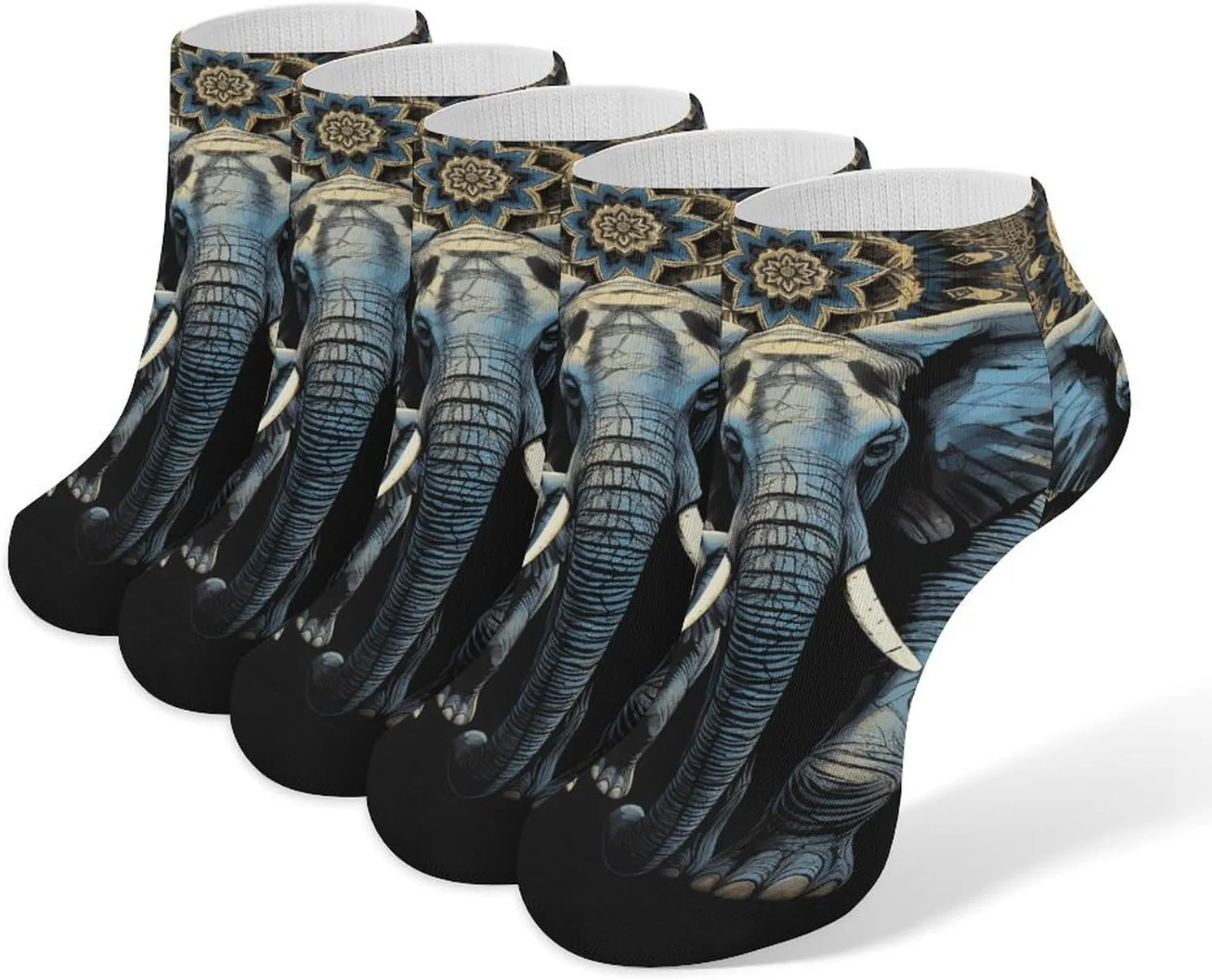 5 Pairs Ankle Socks Soft Breathable No Show Socks Comfortable Cotton Low Cut Casual Socks for Women Men Two Elephants on Black Background Two Elephants
