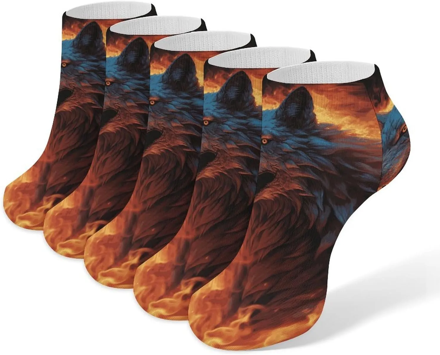 5 Pairs Ankle Socks Soft Breathable No Show Socks Comfortable Cotton Low Cut Casual Socks for Women Men Wolf Surrounded by Fire