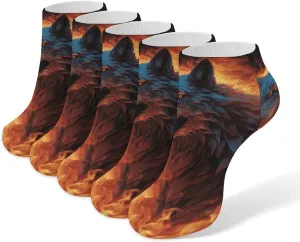 5 Pairs Ankle Socks Soft Breathable No Show Socks Comfortable Cotton Low Cut Casual Socks for Women Men Wolf Surrounded by Fire