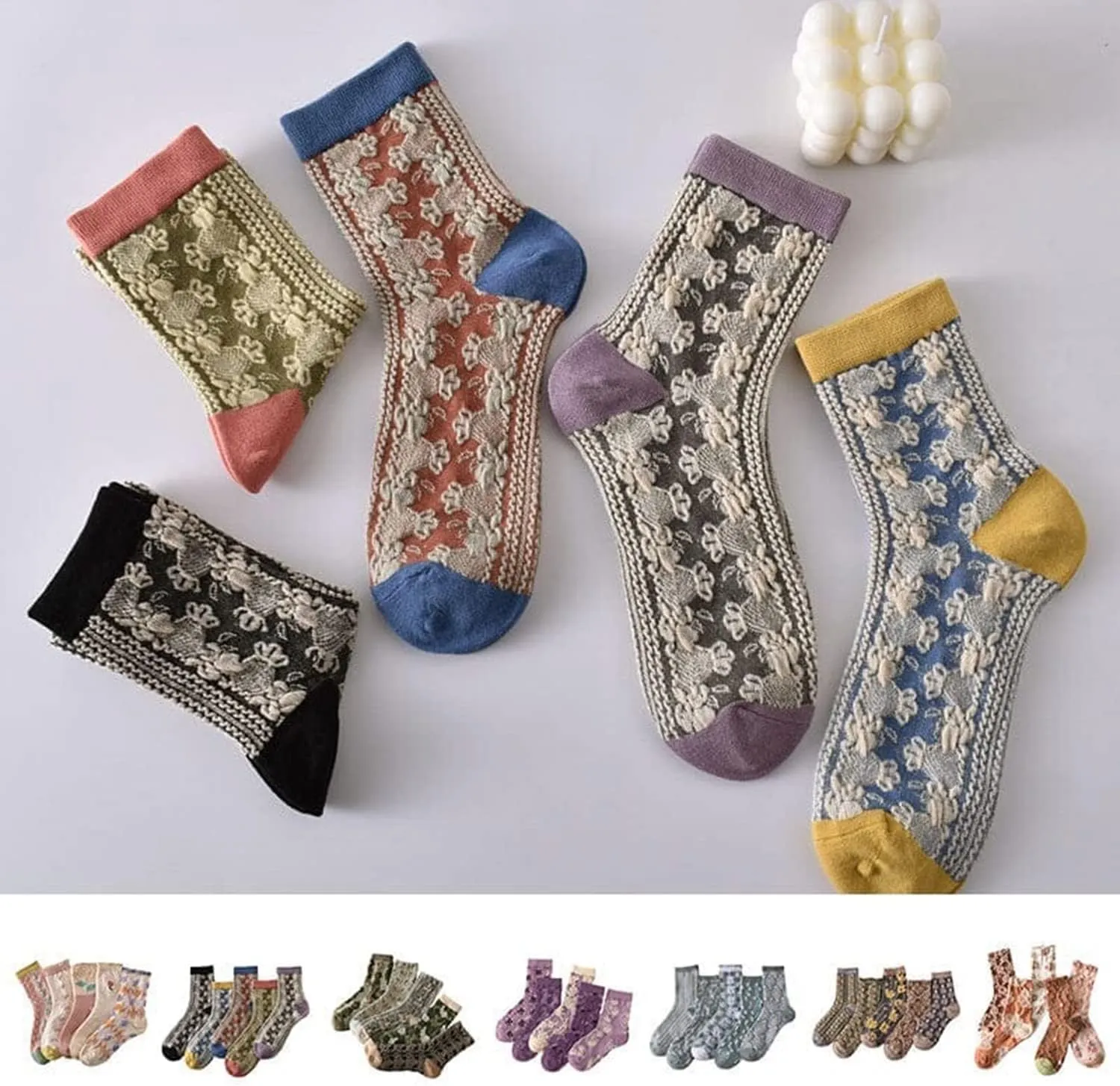 5 Pairs Womens Floral Cotton Socks,Floral Retro Style Novelty Cotton Socks,Winter Thickened Warm Women Vintage Socks
