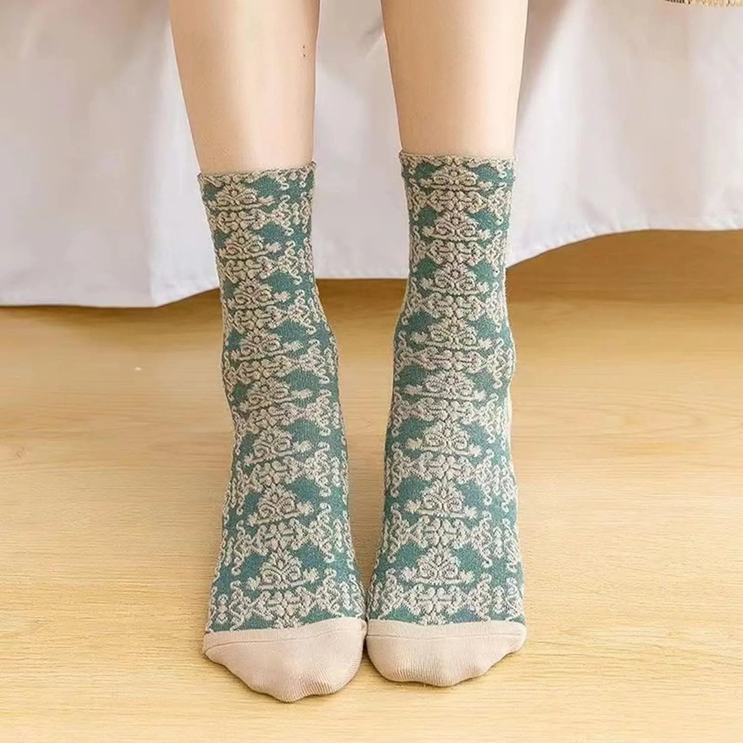 5 Pairs Womens Floral Cotton Socks,Floral Retro Style Novelty Cotton Socks,Winter Thickened Warm Women Vintage Socks