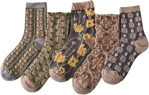 5 Pairs Womens Floral Cotton Socks,Floral Retro Style Novelty Cotton Socks,Winter Thickened Warm Women Vintage Socks
