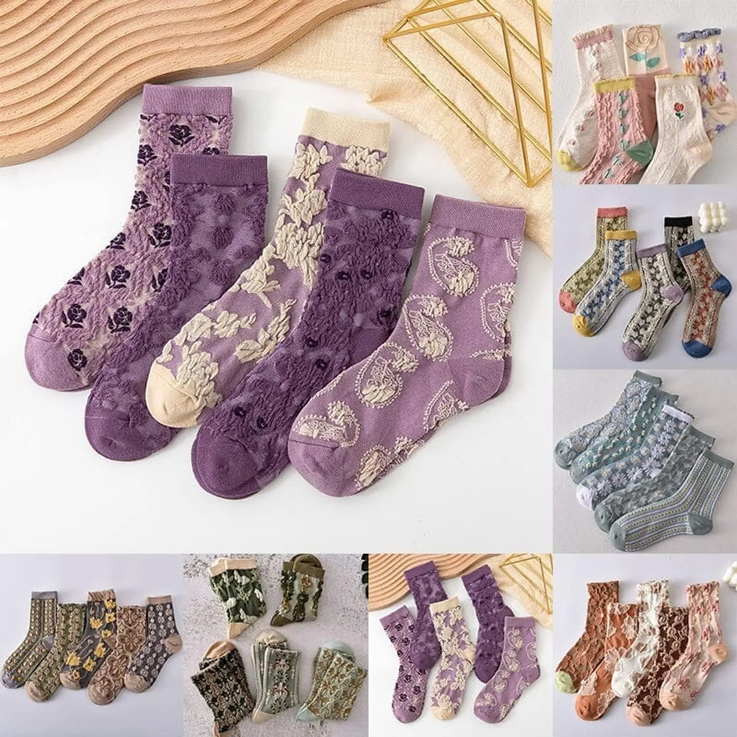 5 Pairs Womens Floral Cotton Socks,Floral Retro Style Novelty Cotton Socks,Winter Thickened Warm Women Vintage Socks