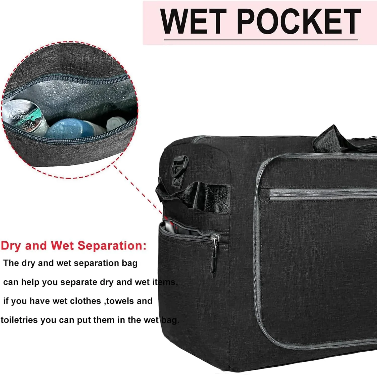 65L Travel Duffel Bag for Men Women Foldable Large Weekender Bag with Shoes Compartment & Wet Pocket Waterproof & Tear Resistant, Black, 65L