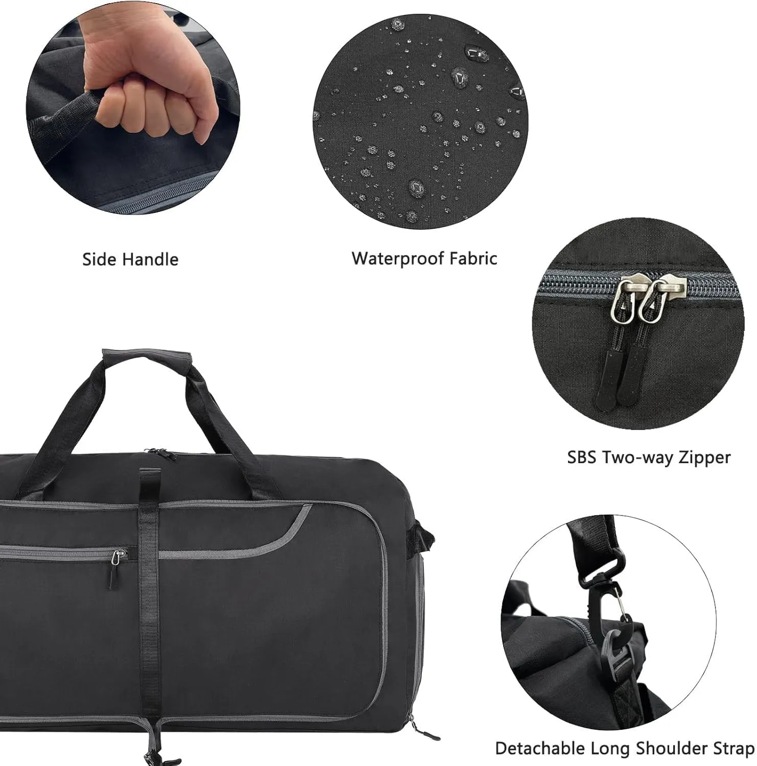 65L Travel Duffel Bag for Men Women Foldable Large Weekender Bag with Shoes Compartment & Wet Pocket Waterproof & Tear Resistant, Black, 65L