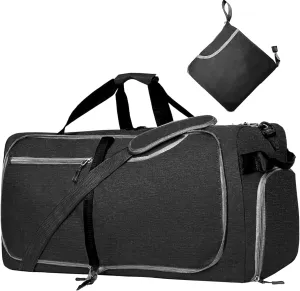 65L Travel Duffel Bag for Men Women Foldable Large Weekender Bag with Shoes Compartment & Wet Pocket Waterproof & Tear Resistant, Black, 65L