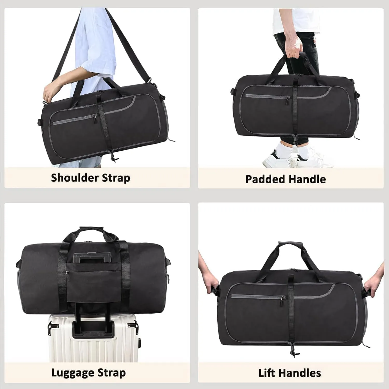 65L Travel Duffel Bag for Men Women Foldable Large Weekender Bag with Shoes Compartment & Wet Pocket Waterproof & Tear Resistant, Black, 65L