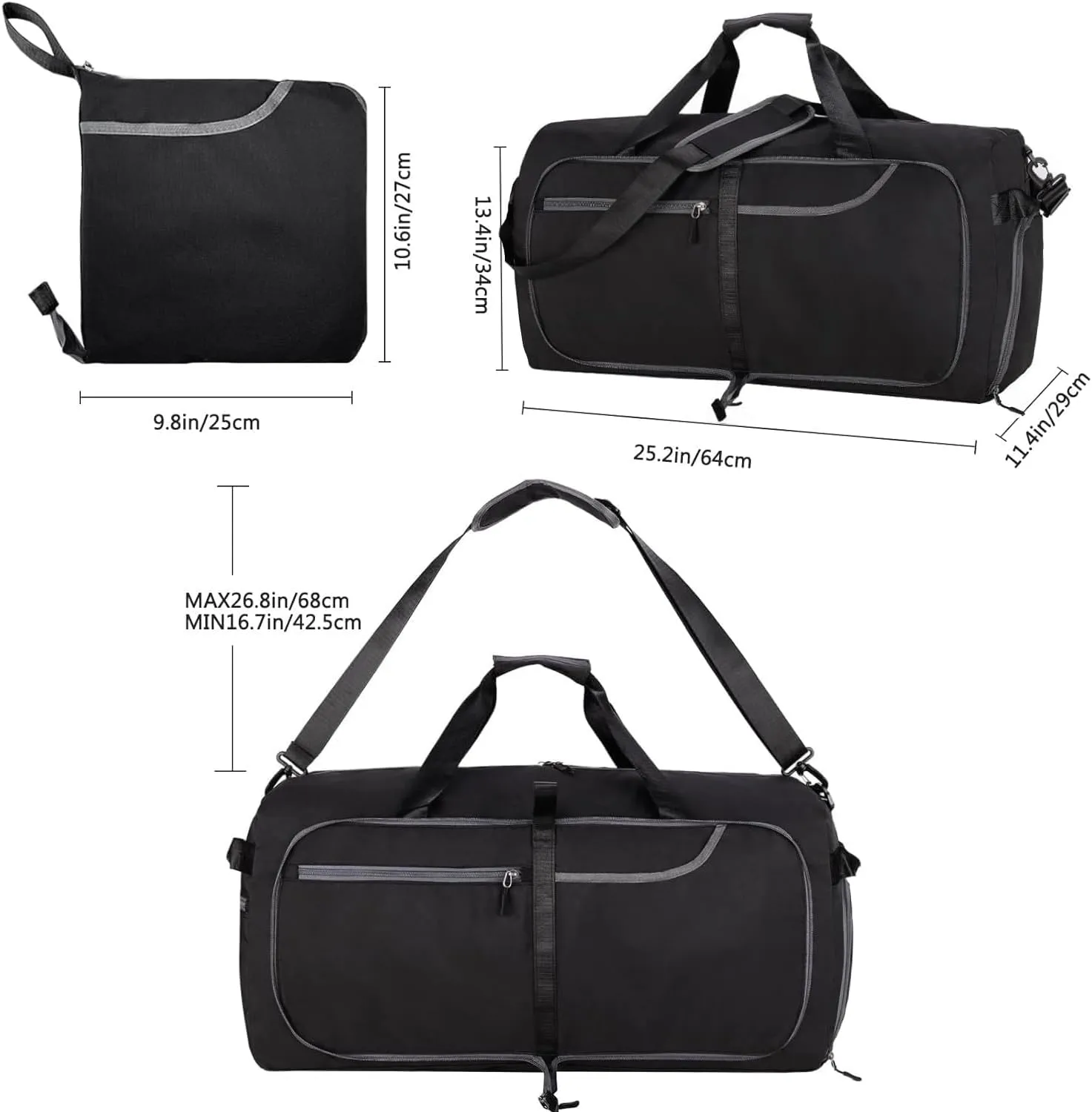 65L Travel Duffel Bag for Men Women Foldable Large Weekender Bag with Shoes Compartment & Wet Pocket Waterproof & Tear Resistant, Black, 65L
