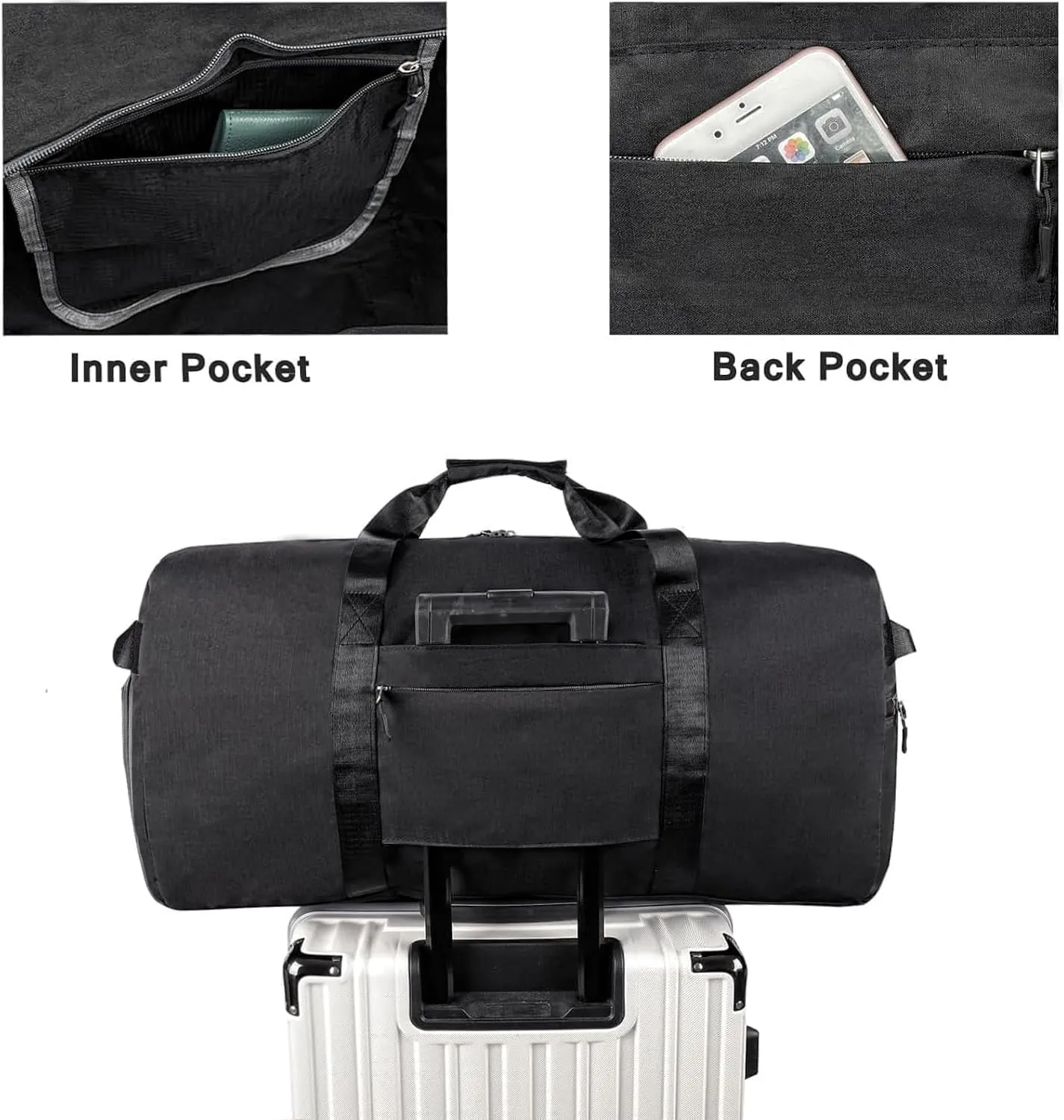 65L Travel Duffel Bag for Men Women Foldable Large Weekender Bag with Shoes Compartment & Wet Pocket Waterproof & Tear Resistant, Black, 65L