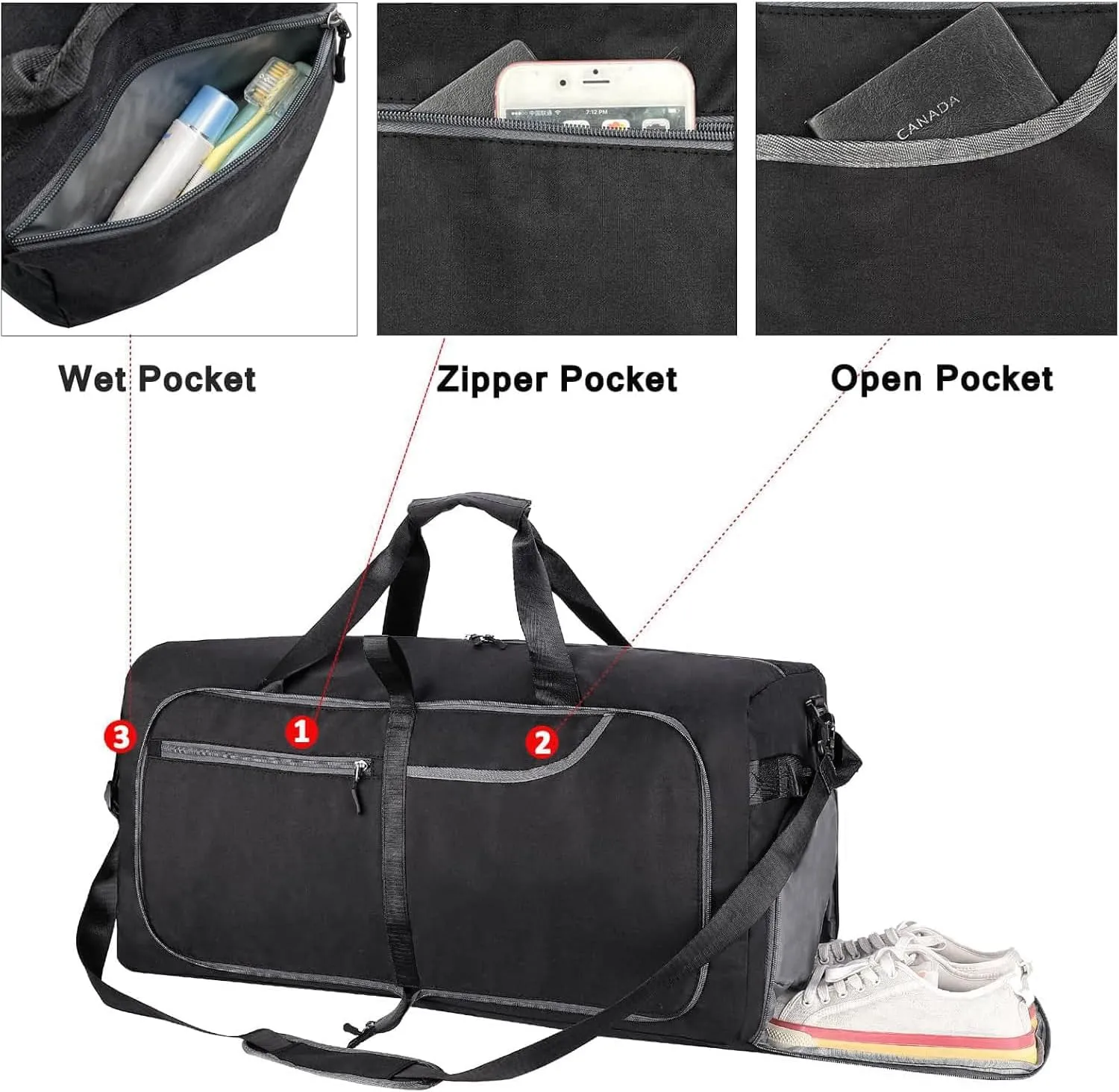 65L Travel Duffel Bag for Men Women Foldable Large Weekender Bag with Shoes Compartment & Wet Pocket Waterproof & Tear Resistant, Black, 65L