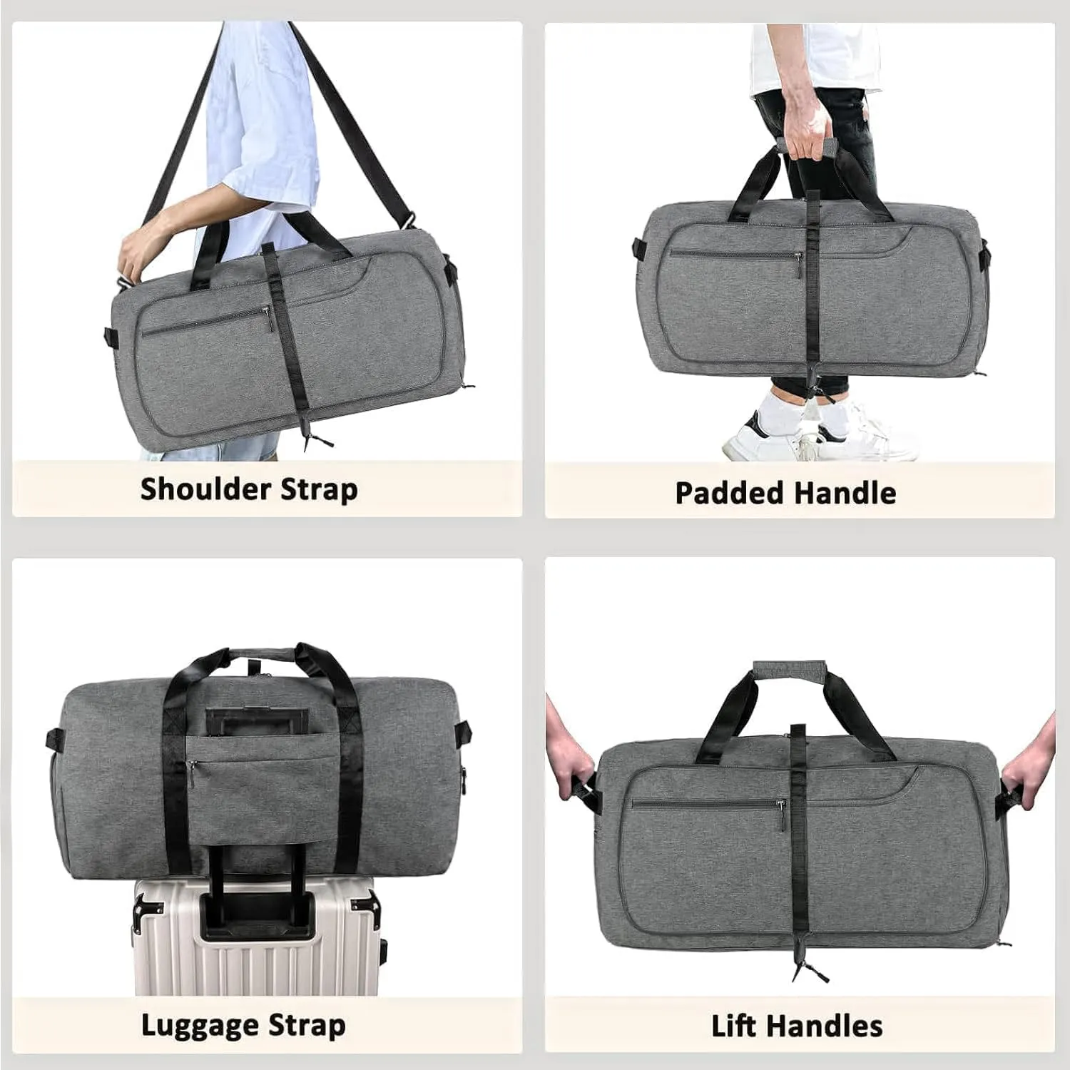 65L Travel Duffel Bag for Men Women Foldable Large Weekender Bag with Shoes Compartment & Wet Pocket Waterproof & Tear Resistant, Darkgrey, 65L