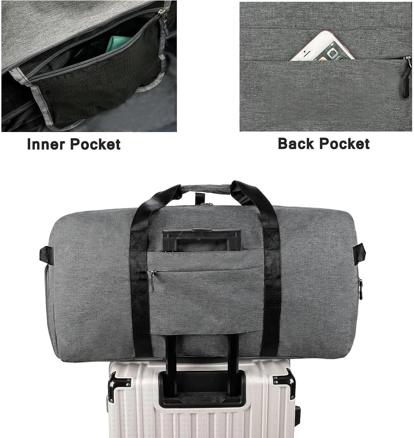 65L Travel Duffel Bag for Men Women Foldable Large Weekender Bag with Shoes Compartment & Wet Pocket Waterproof & Tear Resistant, Darkgrey, 65L