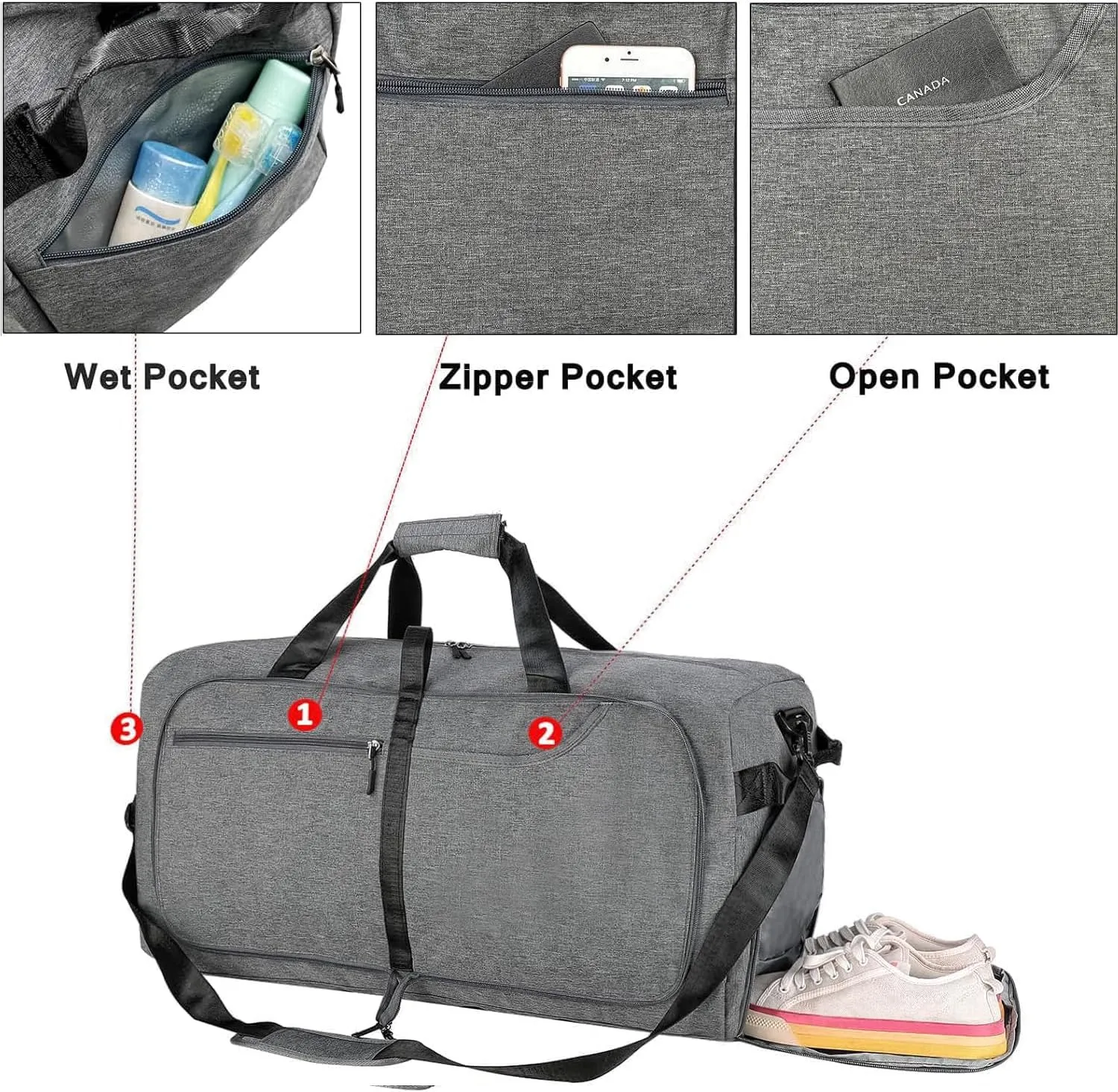 65L Travel Duffel Bag for Men Women Foldable Large Weekender Bag with Shoes Compartment & Wet Pocket Waterproof & Tear Resistant, Darkgrey, 65L