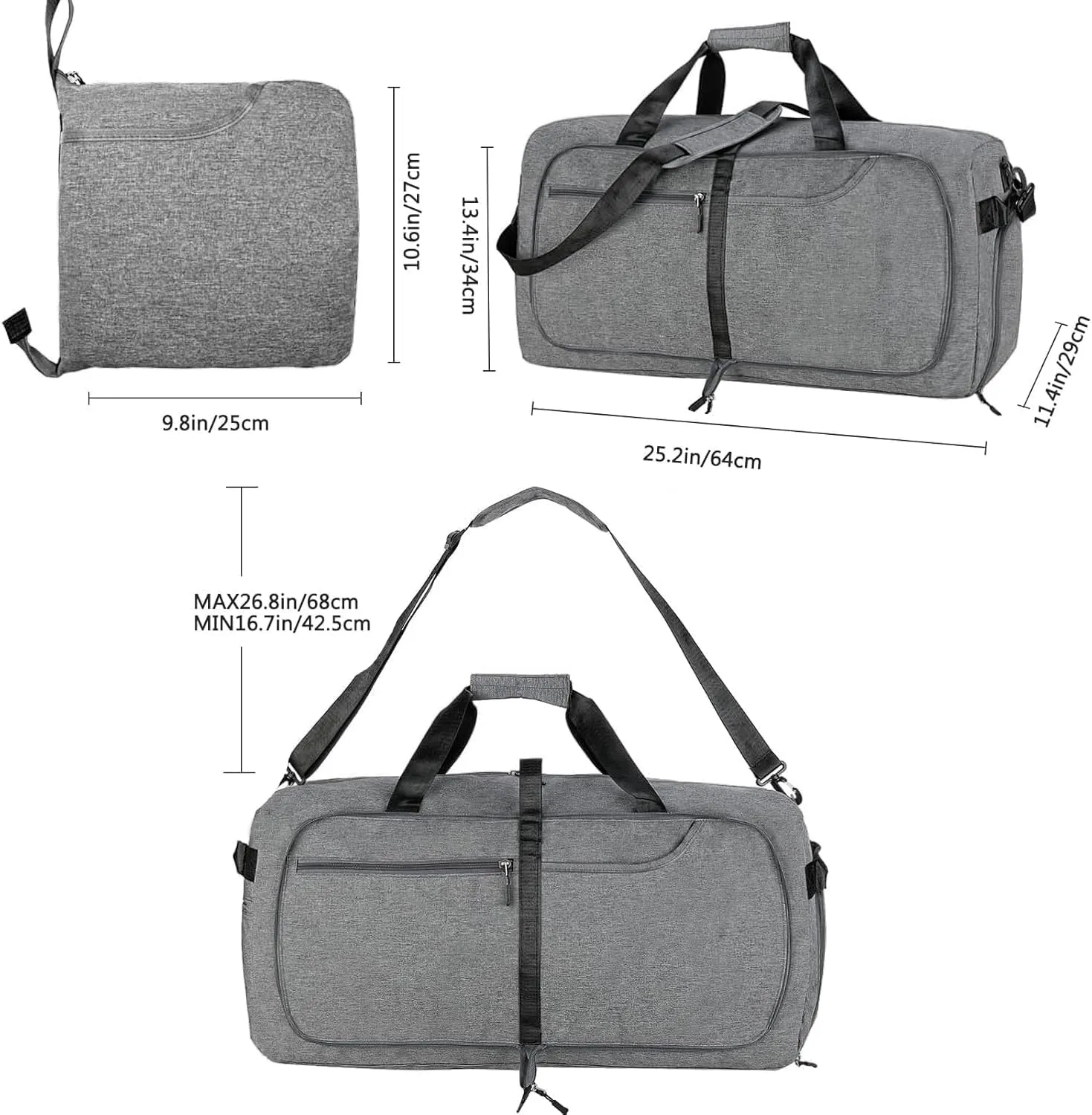 65L Travel Duffel Bag for Men Women Foldable Large Weekender Bag with Shoes Compartment & Wet Pocket Waterproof & Tear Resistant, Darkgrey, 65L