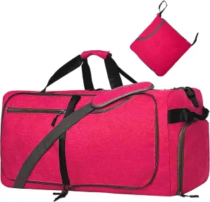 65L Travel Duffel Bag for Men Women Foldable Large Weekender Bag with Shoes Compartment & Wet Pocket Waterproof & Tear Resistant, Rose, 65L