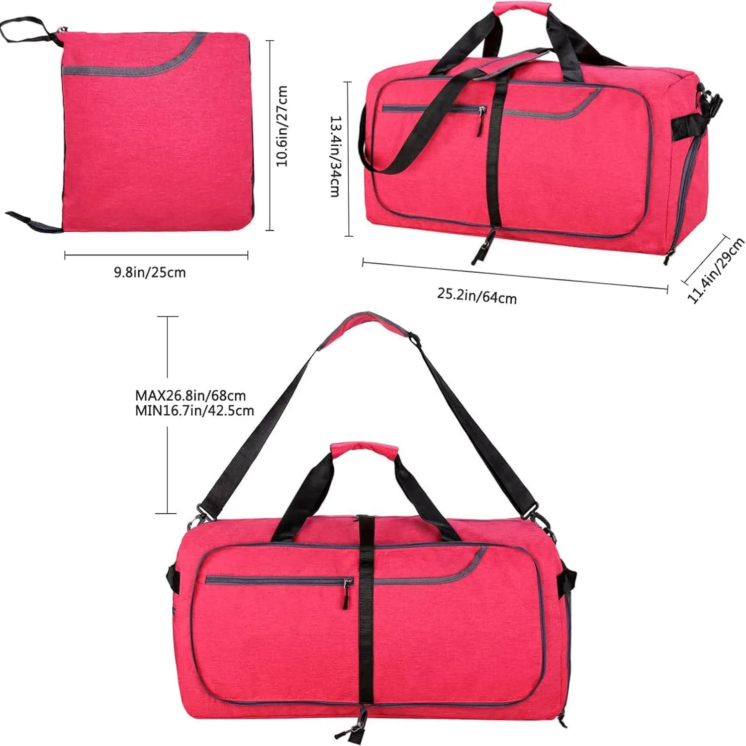 65L Travel Duffel Bag for Men Women Foldable Large Weekender Bag with Shoes Compartment & Wet Pocket Waterproof & Tear Resistant, Rose, 65L