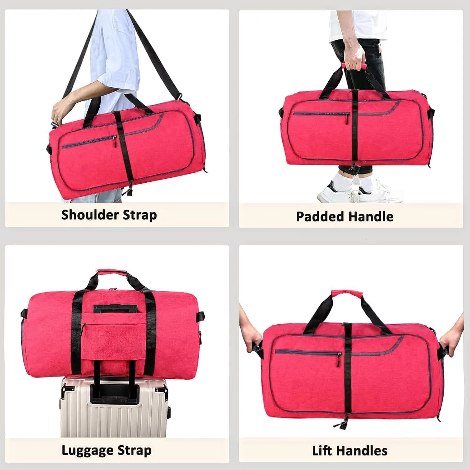65L Travel Duffel Bag for Men Women Foldable Large Weekender Bag with Shoes Compartment & Wet Pocket Waterproof & Tear Resistant, Rose, 65L