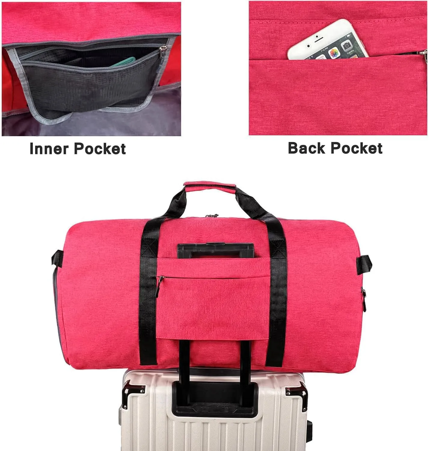 65L Travel Duffel Bag for Men Women Foldable Large Weekender Bag with Shoes Compartment & Wet Pocket Waterproof & Tear Resistant, Rose, 65L