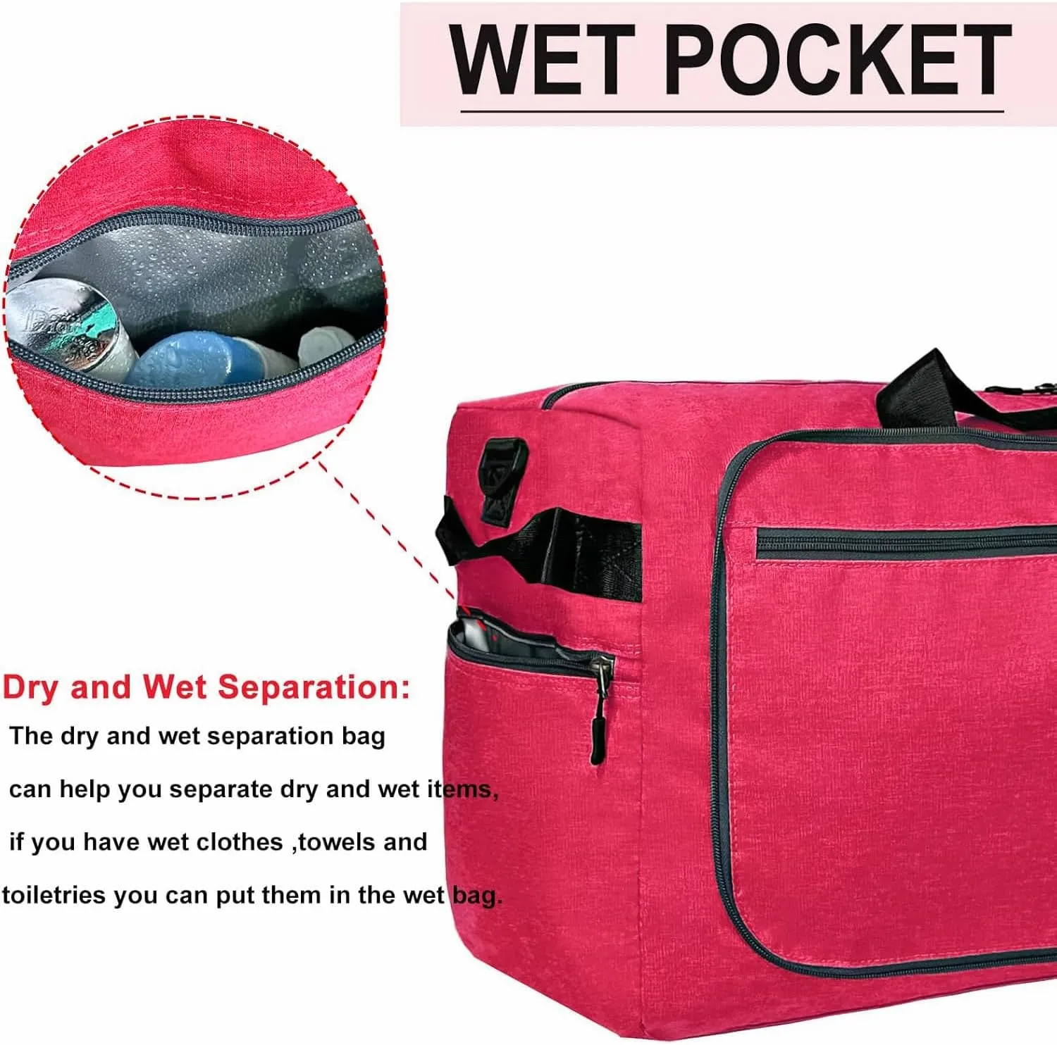 65L Travel Duffel Bag for Men Women Foldable Large Weekender Bag with Shoes Compartment & Wet Pocket Waterproof & Tear Resistant, Rose, 65L
