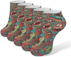 Abstract Monster Ankle Socks Soft Breathable No Show Socks Comfortable Cotton Low Cut Casual Socks for Women Men 5 Pairs